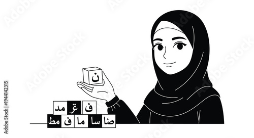 Young girls learn arabic letters with building blocks in a classroom
