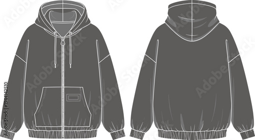 Hooded zip up jacket with drawstring hood, front zipper closure, ribbed cuffs and hem, kangaroo pocket detail illustration - flavector