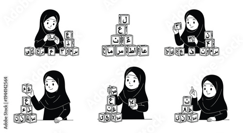 Young girls learn arabic letters with building blocks in a classroom