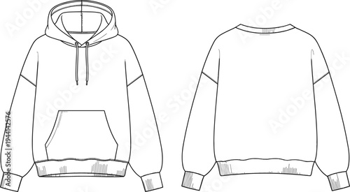 Hoodie and crewneck sweatshirt illustration with drawstring hood, kangaroo pocket, ribbed cuffs, hem construction garment flat sketch - flavector