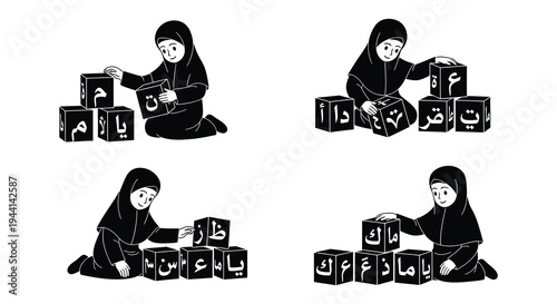 Young girls learn arabic letters with building blocks in a classroom