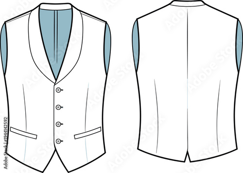 Art & IllustrationTechnical Flat Sketch of a Men's Tailored Shawl Collar Waistcoat Vest Featuring a Four Button Closure Double Welt Pockets and Formal Business Style Design