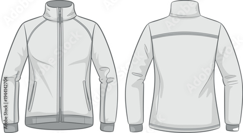 Technical Flat Sketch of a Women's Full Zip Track Jacket Featuring Raglan Sleeves Stand Collar and Athletic Fit for Fashion Design and Manufacturing