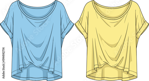 Loose fit women’s draped top with scoop neckline, rolled sleeves, casual style, stitching detail garment fashion illustration - flavector