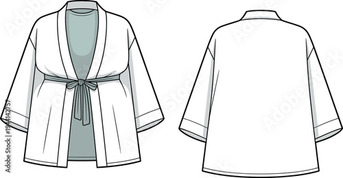 Technical Flat Sketch of a Women's Layered Kimono Cardigan Featuring an Open Front Design Waist Tie Sash and Wide Sleeves for Fashion Design Templates