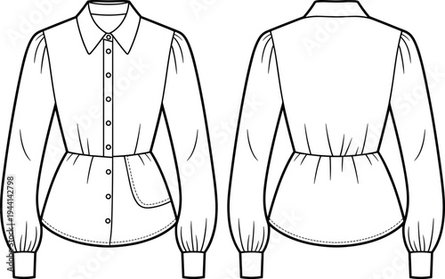 Technical Flat Sketch of a Women's Long Sleeve Button Down Blouse Featuring a Peplum Waist Detailed Cuffs and Pointed Collar for Fashion Design TemplatesTechnical Flat Sketch of a Wo