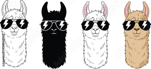 Cool llama cartoon characters set, funny alpaca with sunglasses mascot collection for kids vector illustration