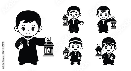 Cute cartoon illustration of muslim boys holding traditional ramadan lanterns