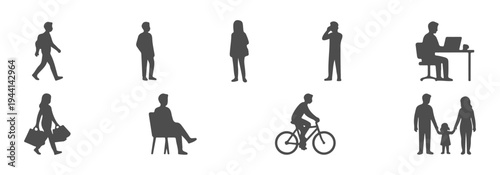People silhouette collection with everyday activities walking standing sitting cycling shopping working on laptop family and photographer black human figure vector set