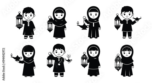 Cute cartoon illustration of muslim boys holding traditional ramadan lanterns