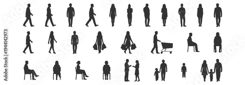 People silhouette mega collection with walking standing sitting shopping pushing cart talking couples and families with children black human figure vector set