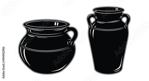 Two black and white illustrations of antique ceramic vessels with handles