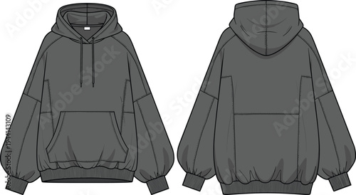 Oversized hoodie with drawstring hood, raglan sleeves, kangaroo pocket, ribbed cuffs and hem, relaxed silhouette technical garment illustration - flavector