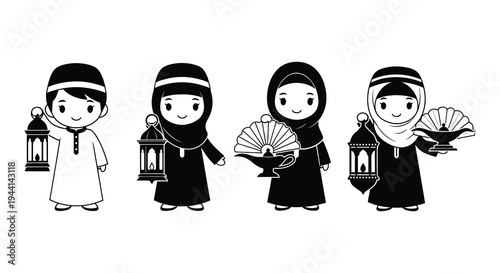 Cute cartoon illustration of muslim boys holding traditional ramadan lanterns