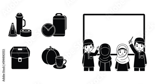 Black and white illustration of school items and muslim students