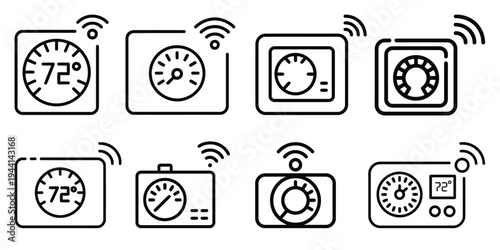 Collection of diverse smart thermostat icons, showcasing different designs and digital temperature displays with wireless connectivity symbols, representing modern home climate control technology.