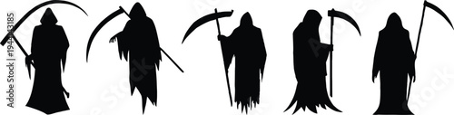 Grim reaper silhouette set with scythe for Halloween design. Hooded death figures create dark horror symbols for posters, decorations, and spooky themed graphics. Bold black shapes add eerie gothic 