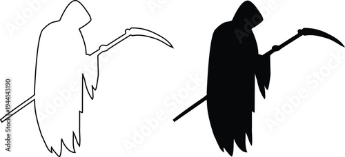Grim reaper silhouette with scythe for dark Halloween design. Hooded death figure creates spooky horror symbol for posters, decorations, and themed graphics. Bold outline and solid style add eerie 