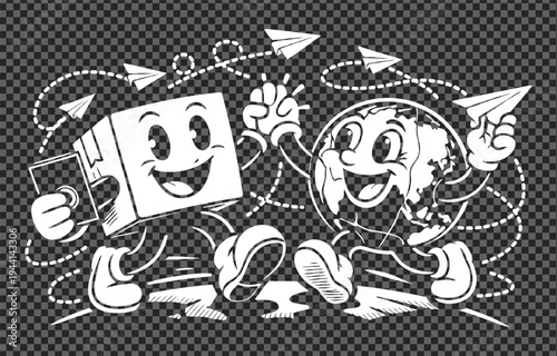 A vintage cartoon illustration of a cheerful anthropomorphic globe character and a box character joyfully sending paper airplanes, evoking a sense of global connection and fun.