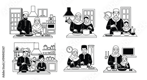 A series of illustrations depicting muslim families preparing and enjoying meals