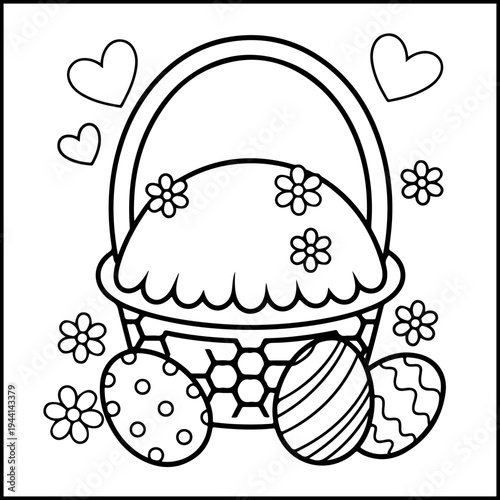 Cute Easter basket with eggs and flowers coloring page vector illustration flat design