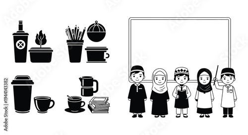 Black and white illustration of school items and muslim students