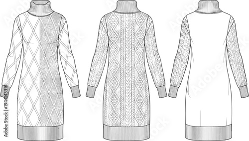 Long sleeve sweater dress with turtleneck, cable knit pattern, argyle design, ribbed cuffs and hem, technical garment illustration - flavector