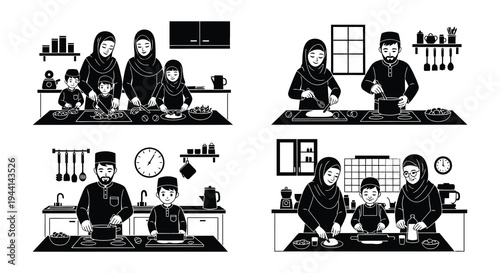 A series of illustrations depicting muslim families preparing and enjoying meals