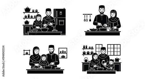 A series of illustrations depicting muslim families preparing and enjoying meals