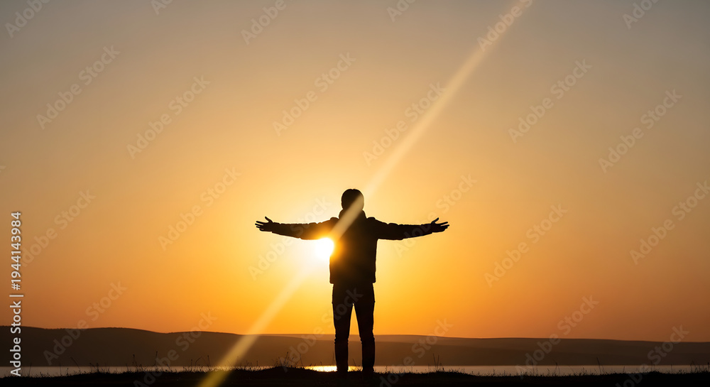 Fototapeta premium Man standing with arms outstretched at sunset by the sea 