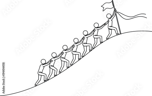 Teamwork hiking silhouette illustration with climbers pulling each other uphill, flag symbol of leadership, outdoor adventure collaboration design - flavector