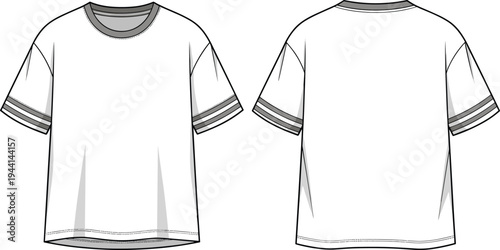 White short sleeve t-shirt with round neckline, double stripe sleeve cuffs, contrasting inner collar detail, clean garment illustration design - flavector