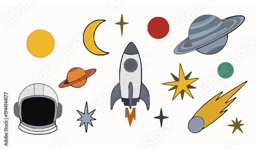 Cartoon hand drawn space elements vector set planets rocket sun moon stars and comet