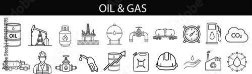 A collection of line art icons representing various elements of the oil and gas industry