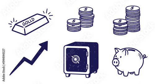 Financial Growth and Savings Icons Gold Bar Coins Safe Piggy Bank and Upward Arrow