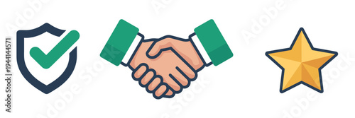 Trust and partnership icons with shield and star – Great for customer service portals, verified reviews, or business ethics.