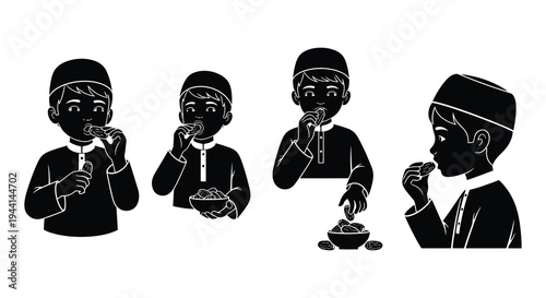 Four boys depicted in silhouette eating from bowls and holding food