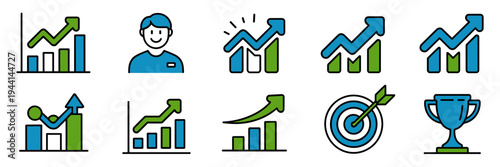 Sales growth icons with customer silhouette – Great for marketing strategies, small business advice, or profit tracking.