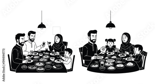 A family gathering with a large meal depicted in a black and white style