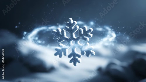 Macro shot large, detailed white snowflake rotating with bright blue energy ring effect, for winter magic, cold weather, frosty atmospheric phenomenon