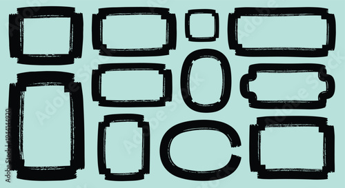 Collection of Grunge Brush Stroke Frames and Borders on Light Blue Background
