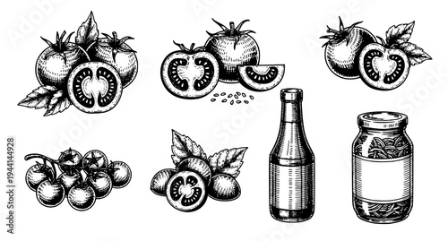 Vintage ink tomato and sauce icon pack vector for Italian restaurant menu design