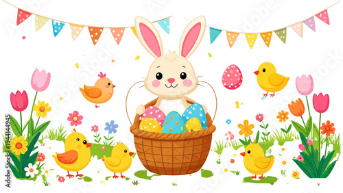Cute easter bunny characters with eggs basket flowers chicks and spring elements cartoon vector illustration set