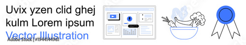 Digital tools, healthy eating, productivity, recognition, user interface, visualization. A UI dashboard, food bowl and award ribbon. Productivity and healthy eating concepts