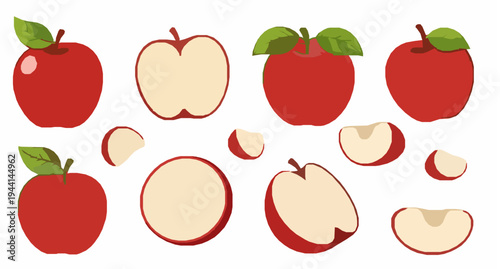 Red apple cartoon fruit collection with slices halves and fresh snack icons