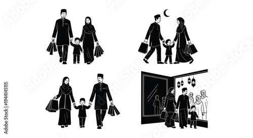 Silhouettes of muslim families walking forward holding hands together