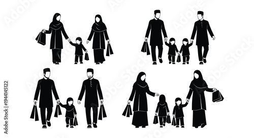 Silhouettes of muslim families walking forward holding hands together