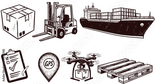 Logistics and delivery services with ship drone forklift and cargo icons