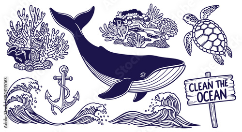 Ocean life illustration with whale turtle coral waves and clean ocean message