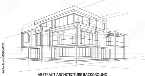 Modern multi-story residential villa architectural sketch featuring a modular glass facade, cantilevered balconies, and 3D perspective construction lines.